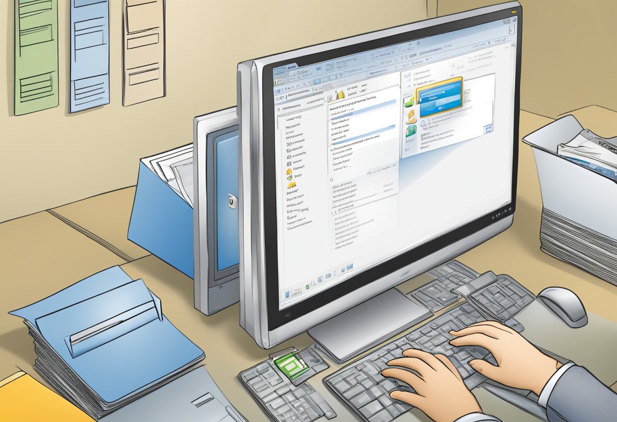 A computer screen displays Outlook 2010. A cursor clicks on "File" then "Open" to access a shared mailbox