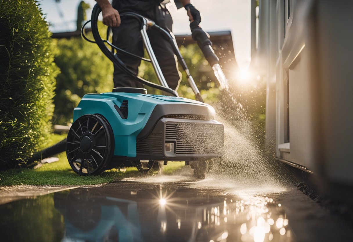 A pressure washer sprays water on a house, removing dirt and grime. A technician wears protective gear and carefully cleans the exterior