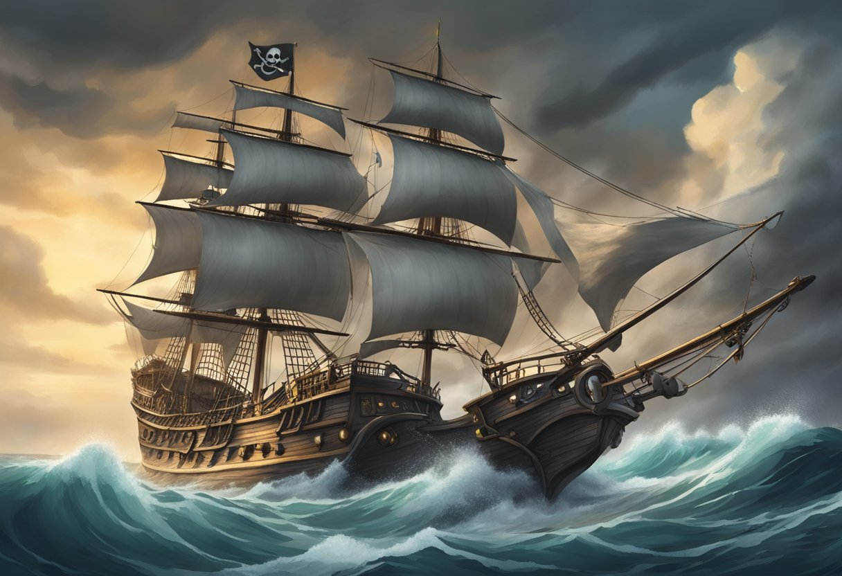 A pirate ship sails through stormy seas, with a Jolly Roger flag fluttering in the wind. Waves crash against the ship as it battles the elements