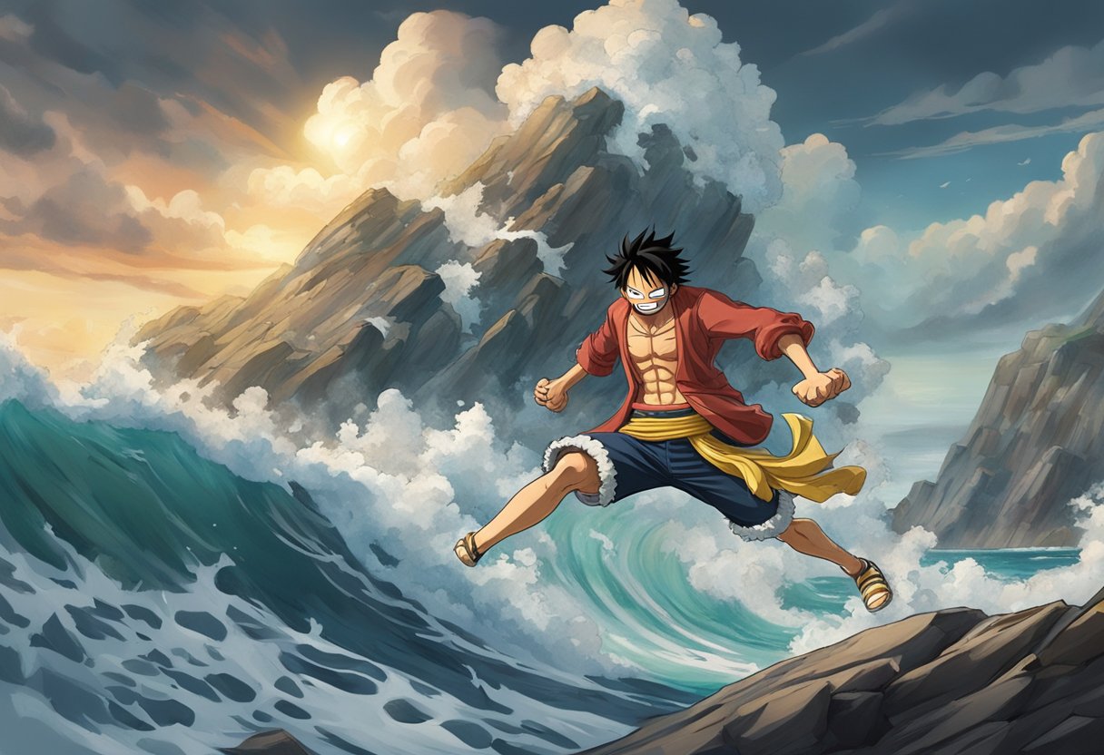 A figurine of "One Piece" characters in an epic battle pose, with dynamic movements and detailed facial expressions, set on a rocky, stormy seascape