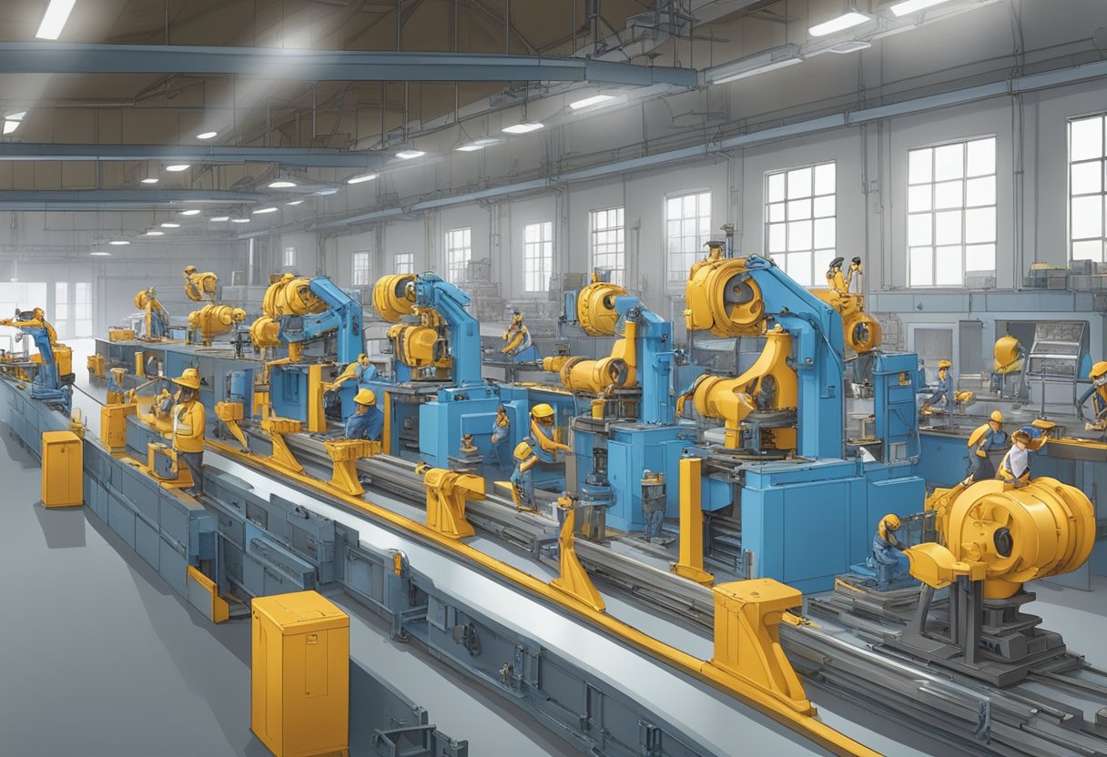 A group of One Piece figurines being manufactured in a factory setting. Machinery and assembly lines in the background