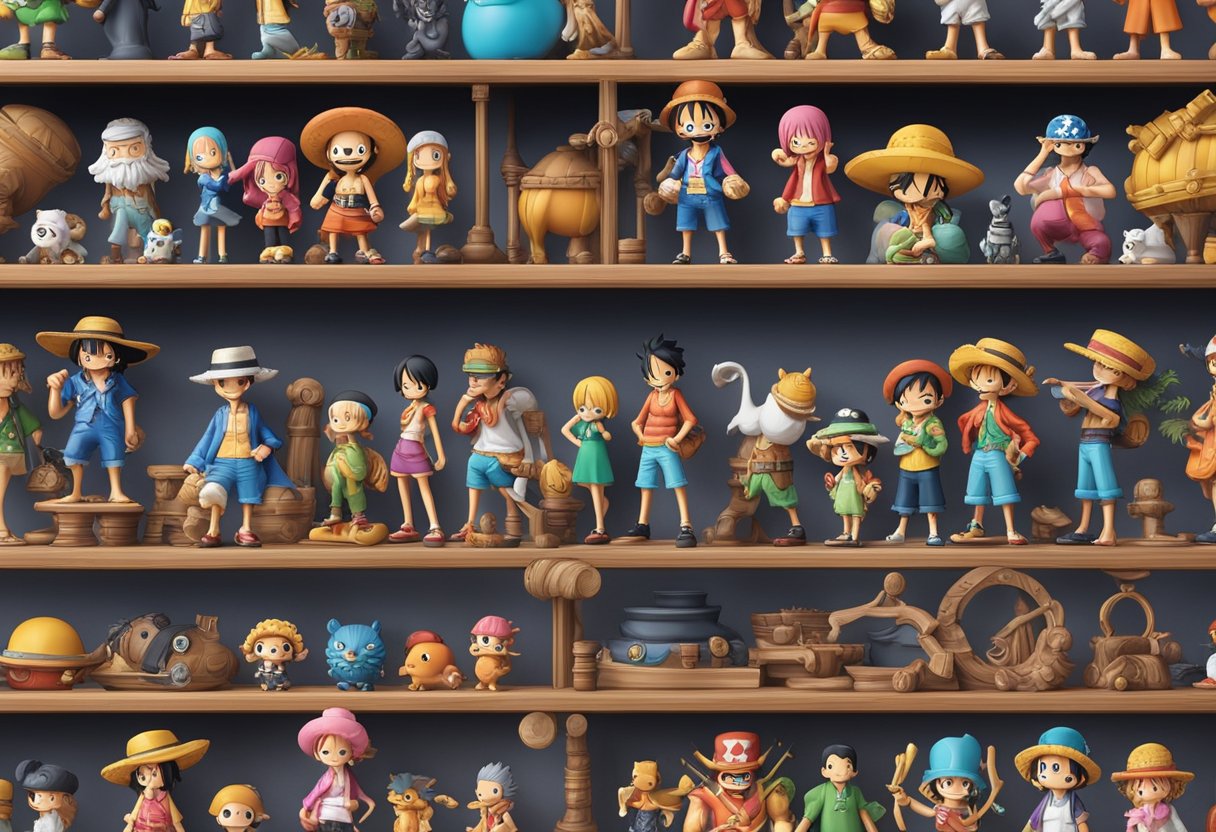 A collection of One Piece figurines displayed on shelves, with various characters in dynamic poses and vibrant colors