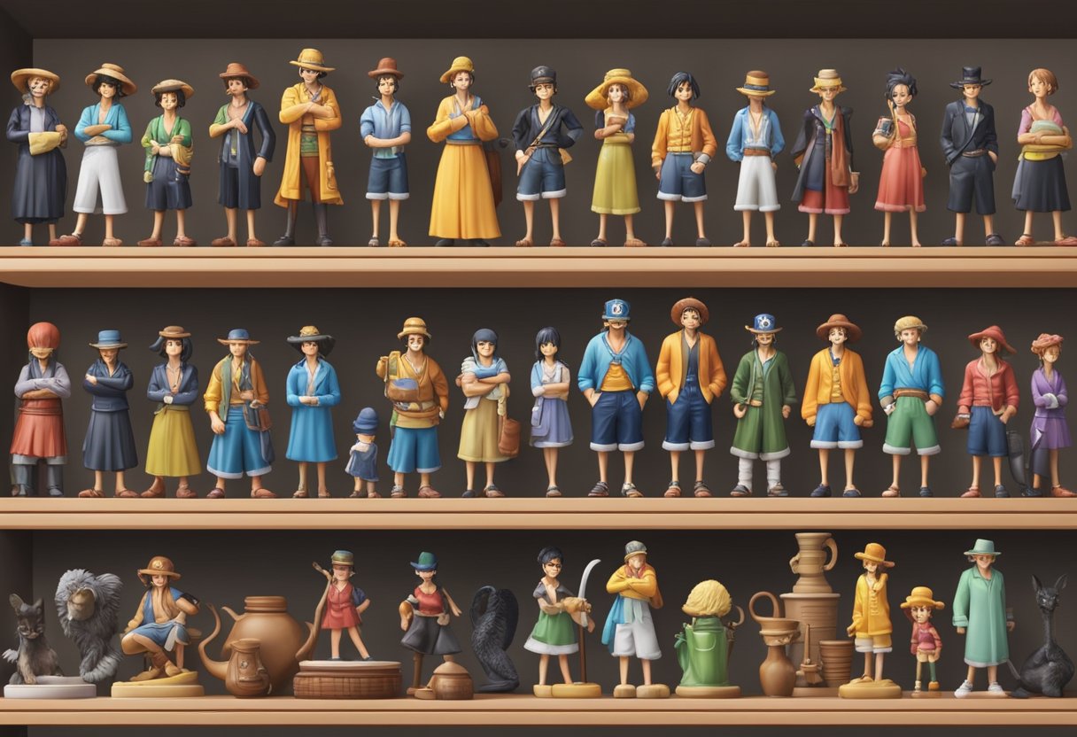 A collection of One Piece figurines neatly arranged on a shelf, with a soft cloth and cleaning spray nearby for maintenance