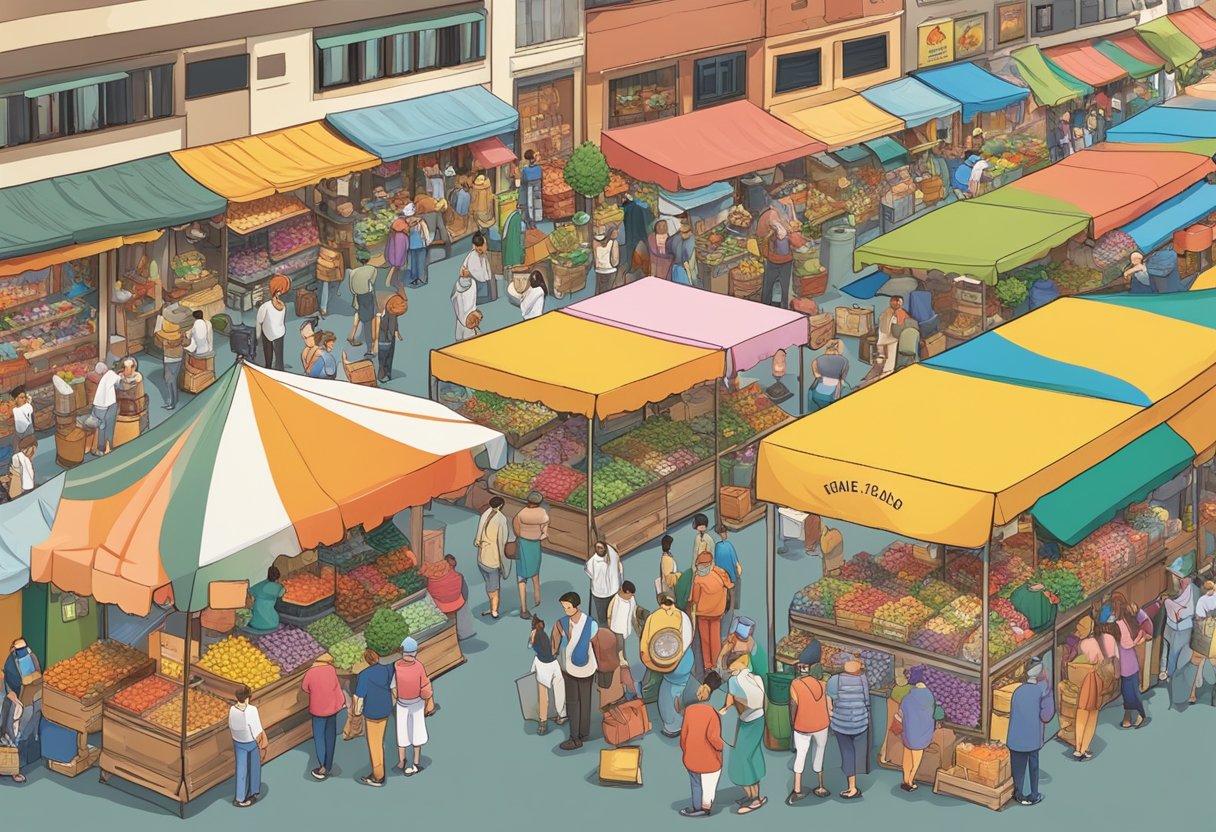 A bustling market scene with colorful displays of One Piece figurines, showcasing the latest trends and values