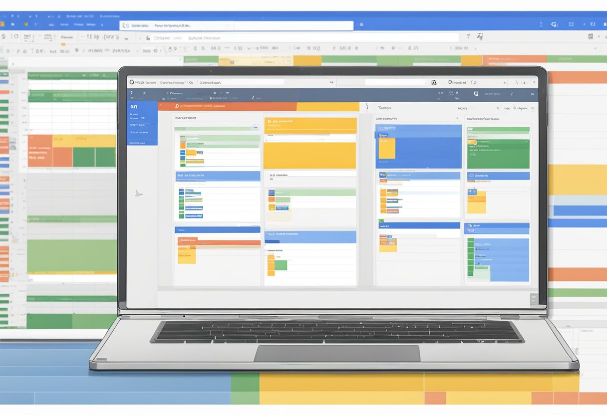 A laptop open with Google and Outlook calendars side by side, with a cursor dragging and dropping events from Outlook to Google