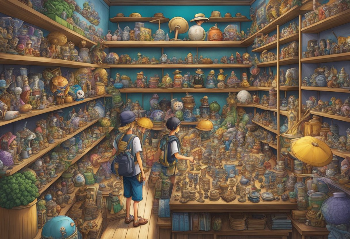 A group of One Piece figurine collectors gather, surrounded by shelves filled with their prized possessions. Posters and merchandise adorn the walls, creating a vibrant and lively atmosphere