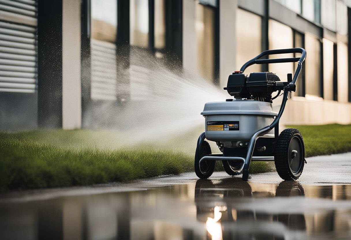 A powerful pressure washer blasts away dirt and grime from a commercial building's exterior, leaving it clean and sparkling