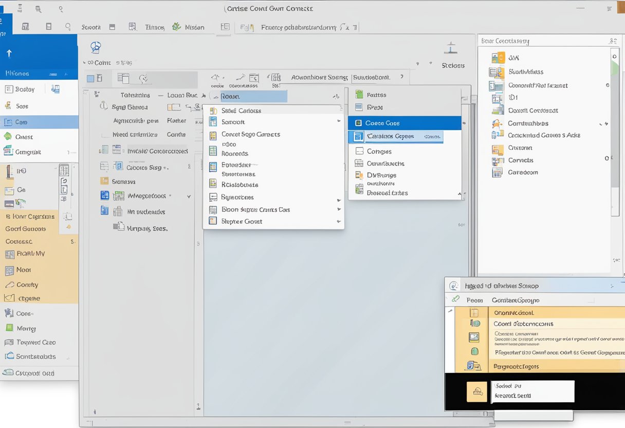 A computer screen showing the "Create Contact Group" button in Outlook, with a list of contacts being added to a distribution list