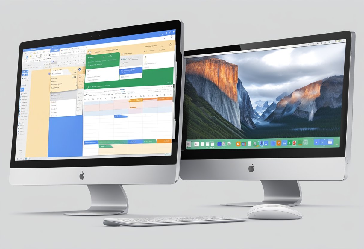 A computer screen displays a browser open to Google Calendar, while another screen shows the Outlook application. A cursor drags and drops events from Google Calendar to Outlook, syncing the two platforms