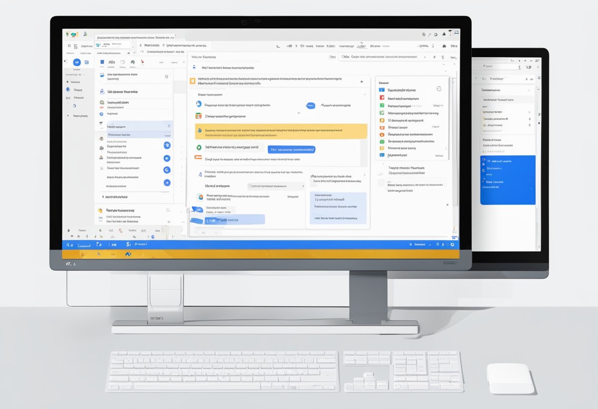 A computer screen displaying the Outlook email client with a step-by-step guide on setting up Google Workspace email. The screen shows the necessary configurations and options for a seamless integration