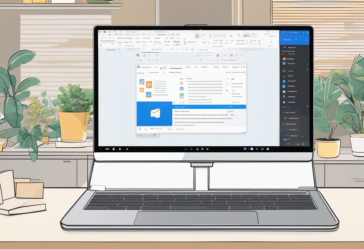 An open laptop screen with an email draft in Outlook. A video player is visible within the email body, showing the embedded video