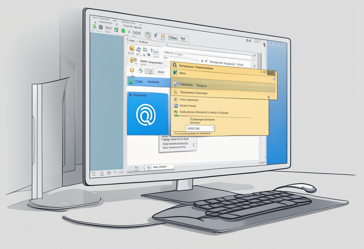 A computer screen displays Outlook interface with a prompt to open .ost file. A mouse cursor hovers over the prompt, ready to click