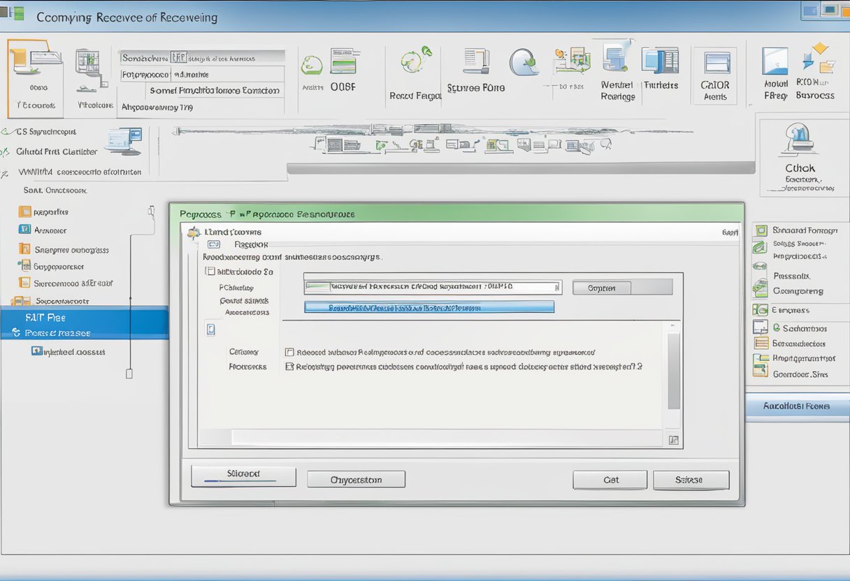 A computer screen displaying the process of recovering deleted PST files in Outlook 2013, with a progress bar indicating the restoration process