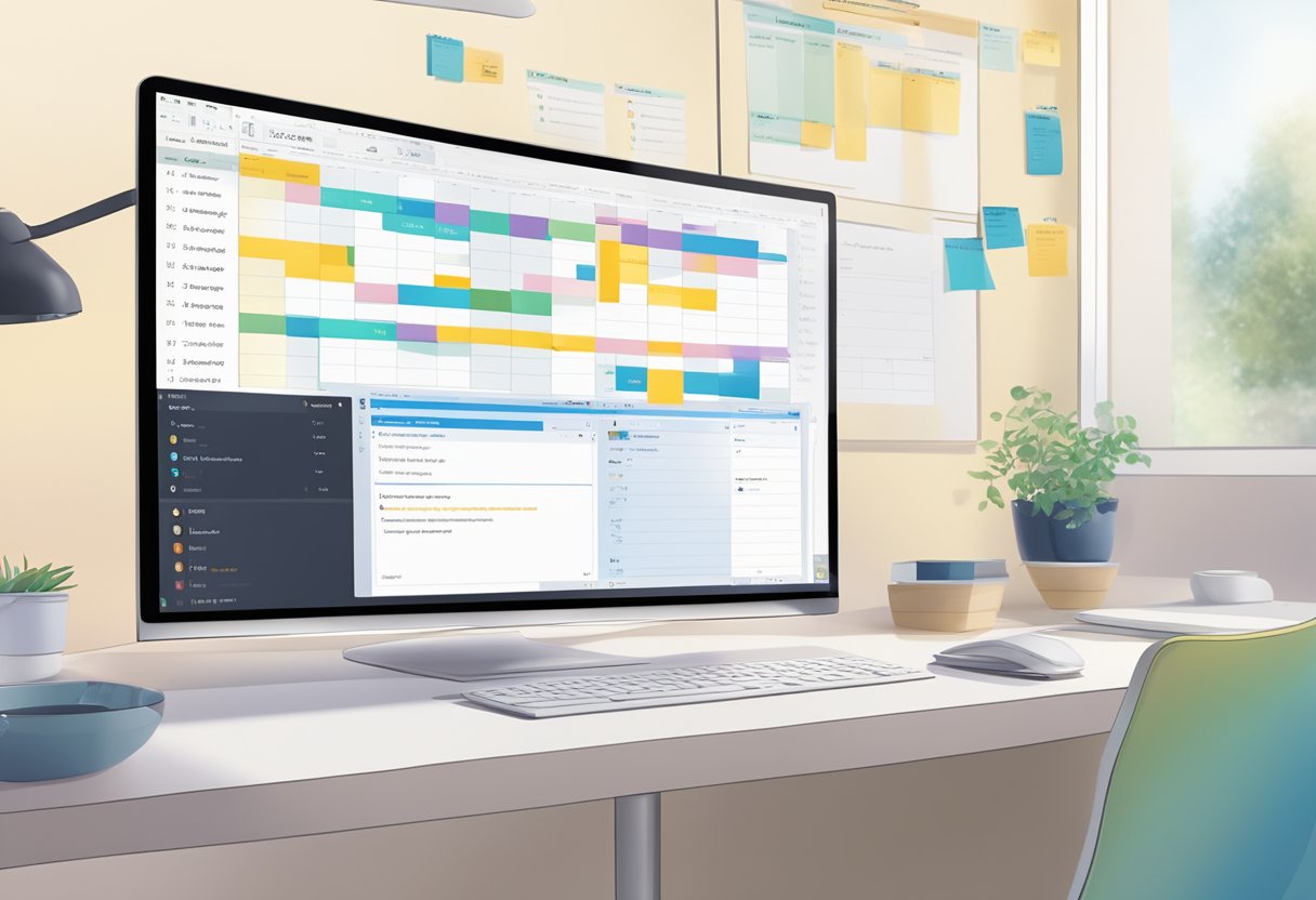 A computer screen showing the Outlook interface with tasks being created and assigned, with a calendar and to-do list visible in the background