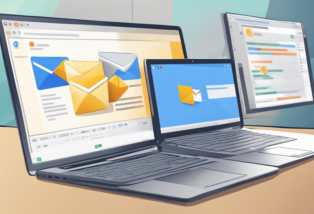 A computer screen displaying Outlook and Gmail side by side, with arrows pointing from Outlook to Gmail, symbolizing the migration process