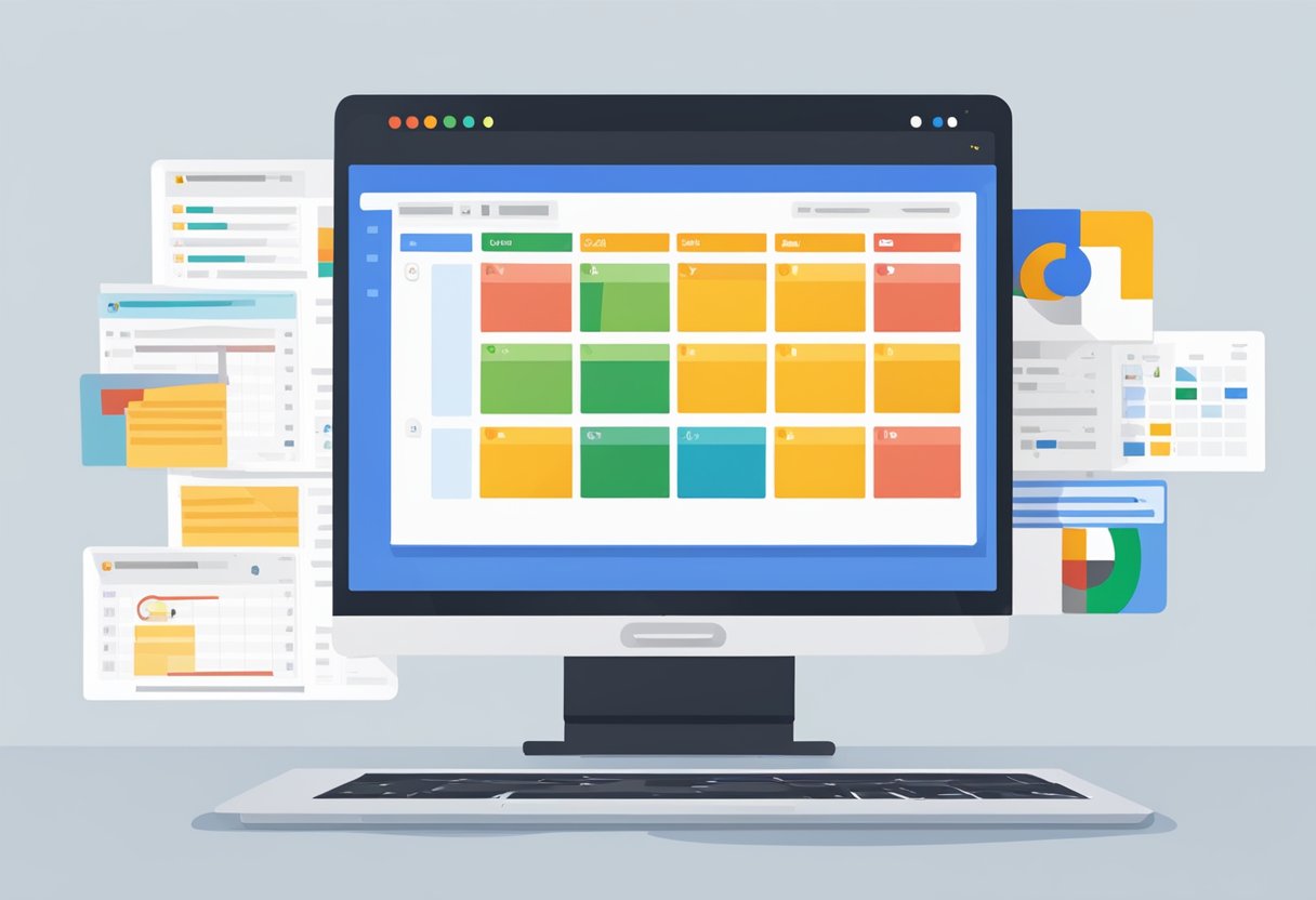 A laptop displaying Outlook and Google Calendar side by side, with arrows indicating synchronization between the two platforms
