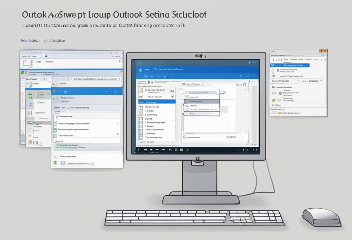 A computer screen displays the process of setting up Outlook accounts. A window prompts the user to load an OST file into Outlook