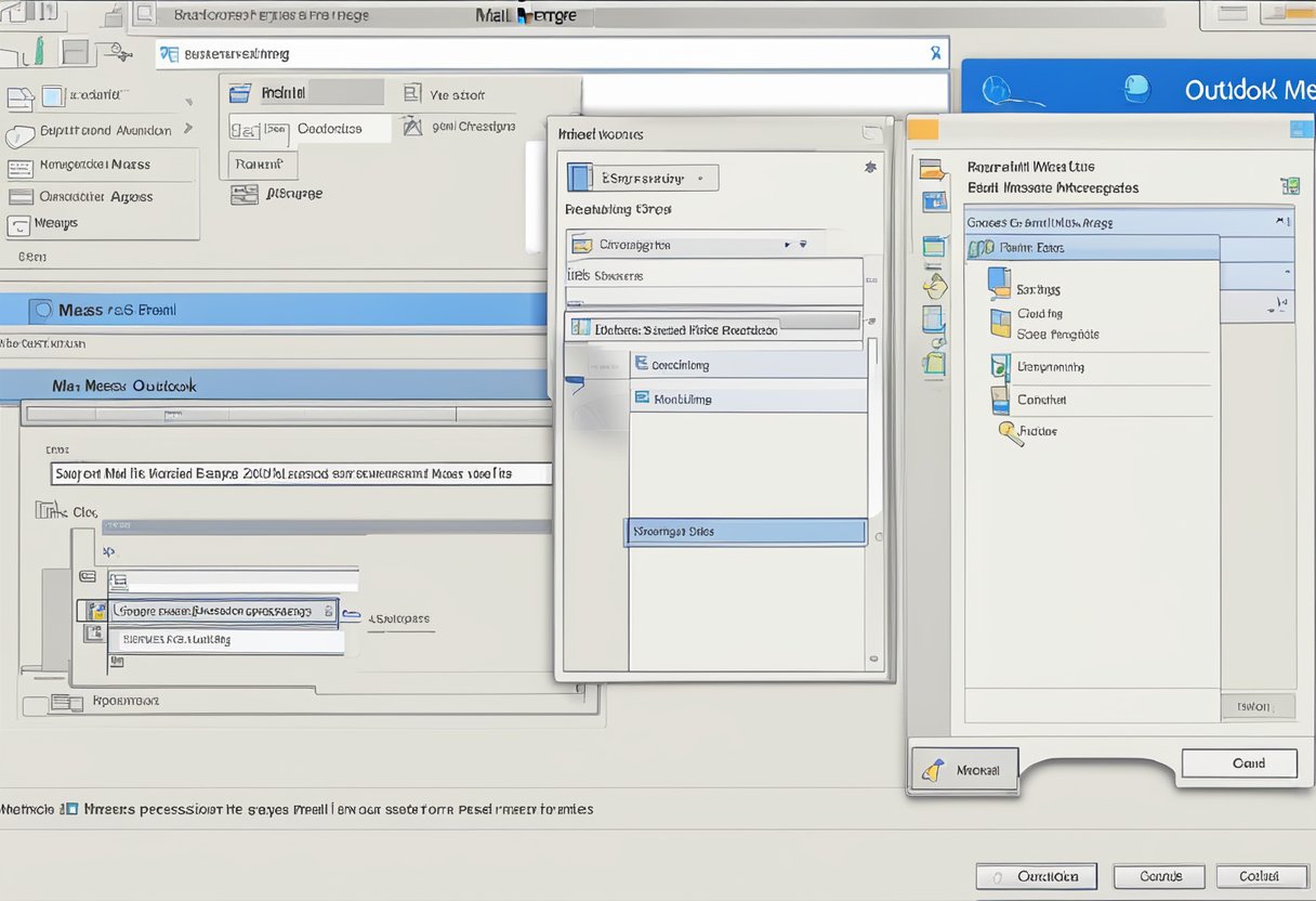 A computer screen displaying the steps for setting up mail merge with Outlook, with a mouse clicking on the "mass email" option