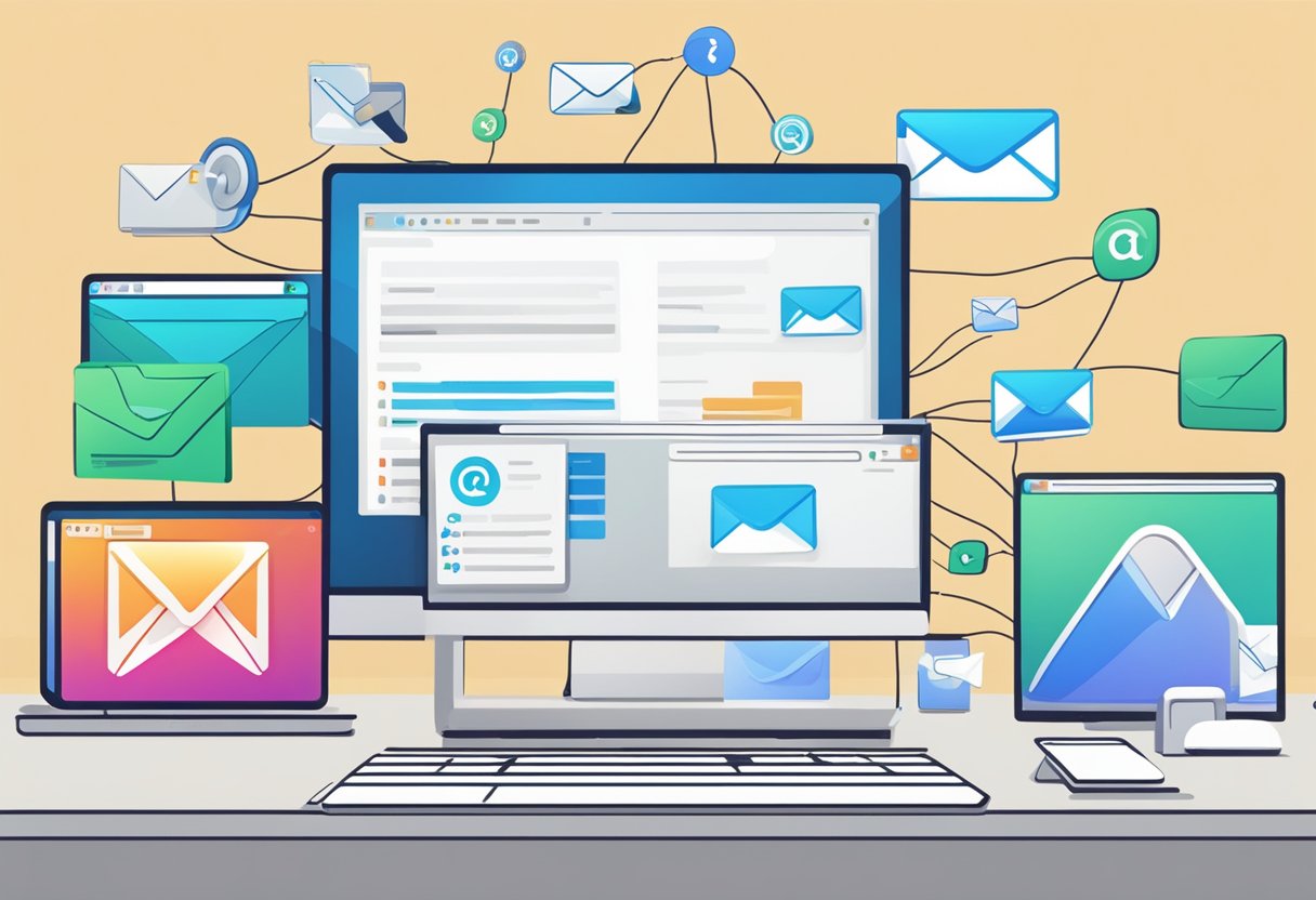 Various devices display email setup screens. A hand taps "sync" on an Outlook email account