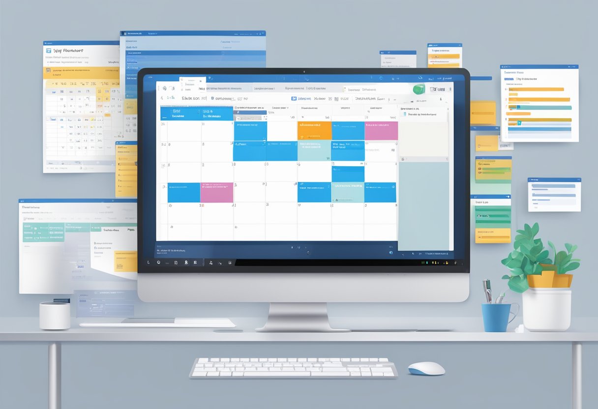 A computer screen displaying the Outlook calendar with multiple recurring meetings scheduled, a mouse hovering over the "New Meeting" button