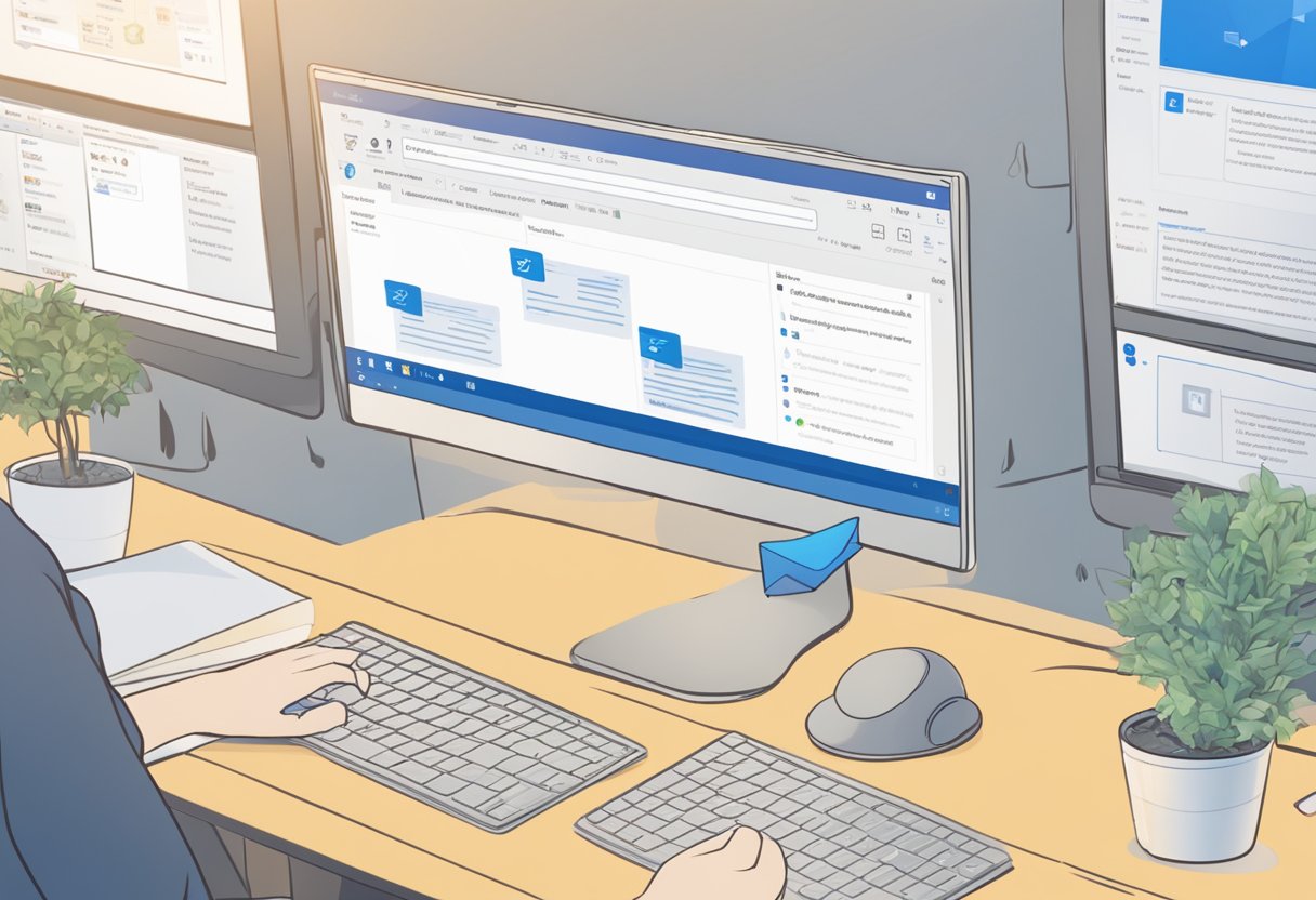Multiple email accounts being added in Outlook. A computer screen showing the process, with the cursor clicking on the settings and adding secondary accounts