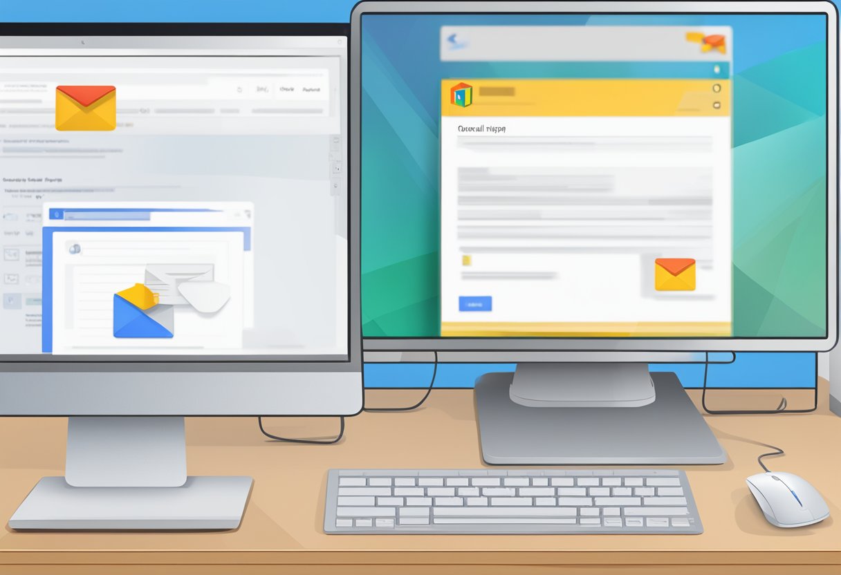 Computer screen showing Outlook email settings, with a Gmail login page open in another tab. Mouse hovers over "import" button