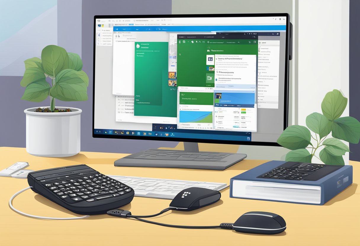 BlackBerry placed next to computer, Outlook open on screen, USB cable connected