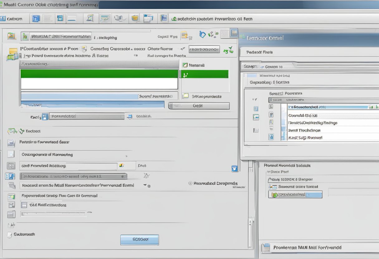 A computer screen displays the Outlook 2010 interface. A cursor clicks on "File", then "Options", followed by "Mail". The user then selects "Forwarding" to set up automatic email forwarding