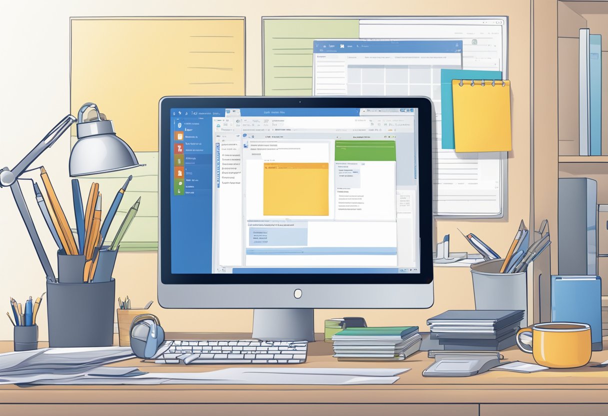 A computer screen displaying Microsoft Outlook with an error message after attempting to send an email, surrounded by office supplies and a desk
