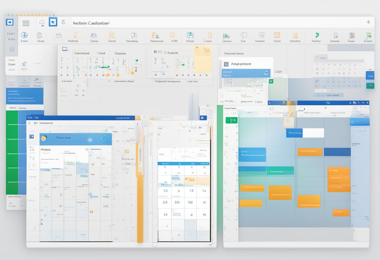 Two Outlook calendar interfaces open, with arrows connecting and syncing the two calendars