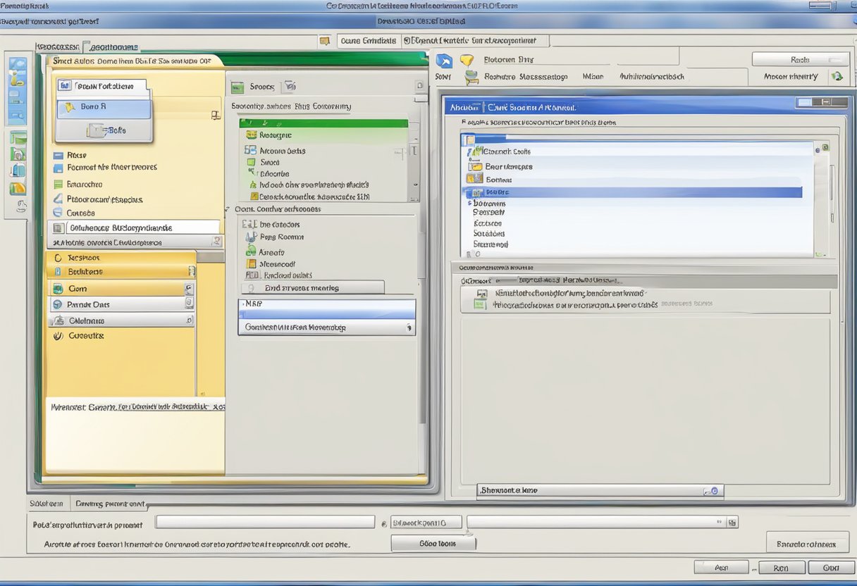 A computer screen displays the Outlook 2010 interface with a prompt to set up a new profile and fix a PST file. The mouse hovers over the options, ready to click