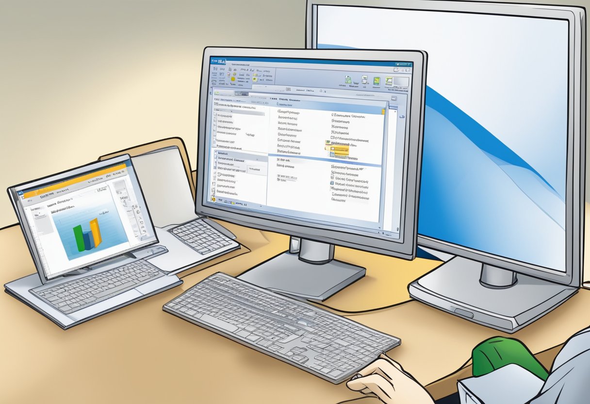 A computer screen displaying Outlook 2007. A mouse cursor clicks on "File" then "New" to create a new folder. The folder is named "Archive" and placed within the email account's directory