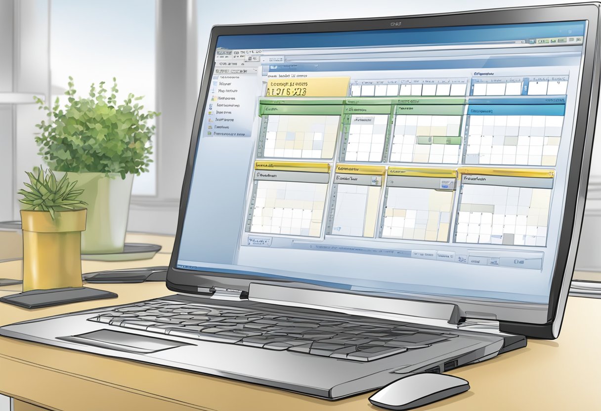 A computer screen displaying the Outlook 2010 interface with the "Create New Calendar" option highlighted. A printer nearby with a blank calendar sheet ready to be printed