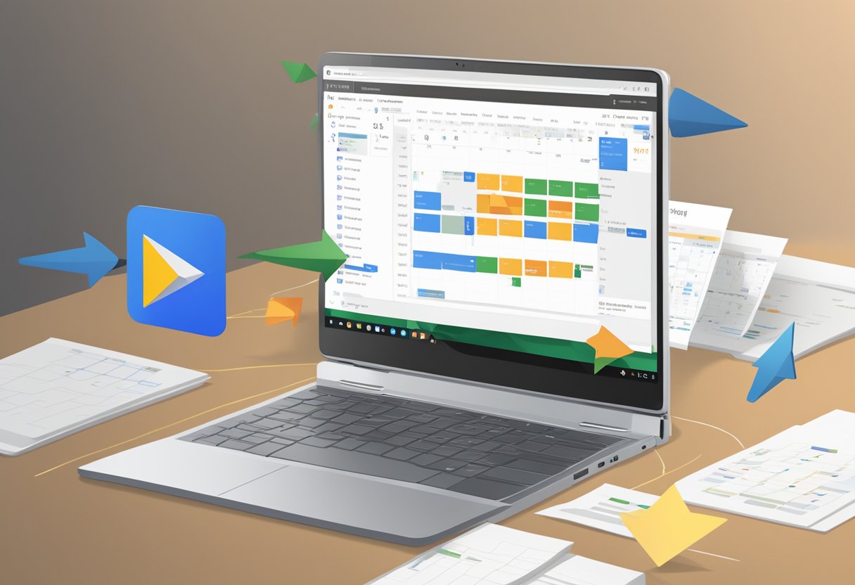 A laptop screen displaying Google Calendar and Outlook side by side, with arrows indicating synchronization