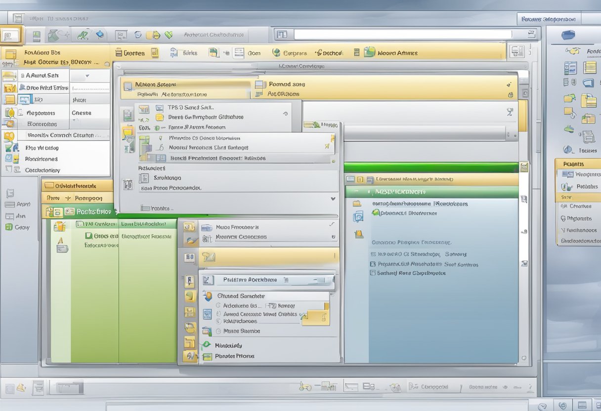 A computer screen showing the Outlook 2010 interface with a menu option for "Public Folders" being selected, and a folder hierarchy displayed on the screen