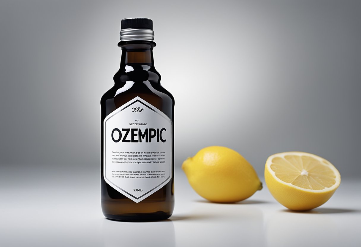 A bottle of Ozempic stands on a clean, white surface. A list of risks, benefits, and off-label uses is displayed nearby