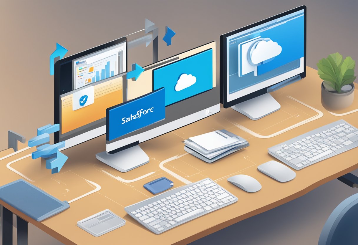 A computer screen displaying Salesforce and Outlook windows side by side, with arrows indicating data syncing between the two platforms