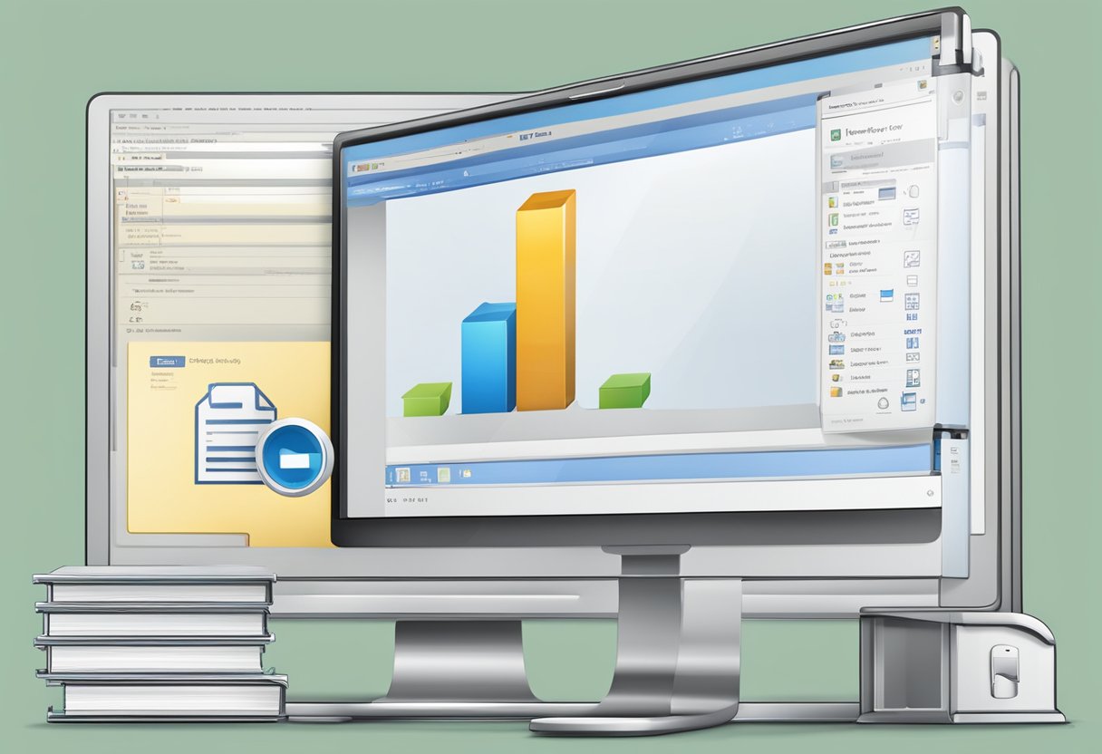 A computer screen showing the Outlook mailbox size 2010, with a magnifying glass hovering over the mailbox icon, and a ruler measuring the size