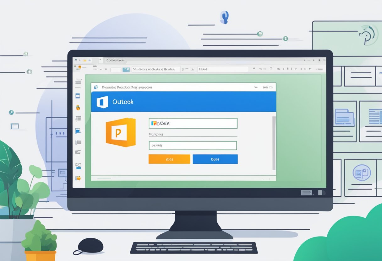 A computer screen with a Microsoft account login page and a strong password being typed in. The word "Outlook" is visible on the screen