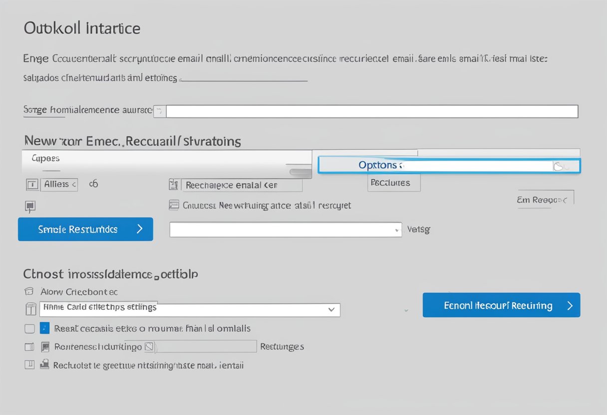 Outlook interface with "New Email" button clicked, "Options" tab selected, "Recurrence" button clicked, and "Recurring Email" settings filled out