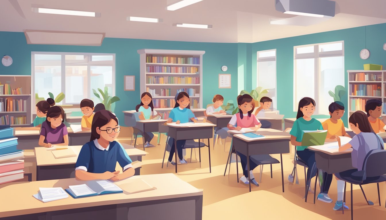 A brightly lit tuition center with students engaged in learning, surrounded by educational materials and interactive teaching tools