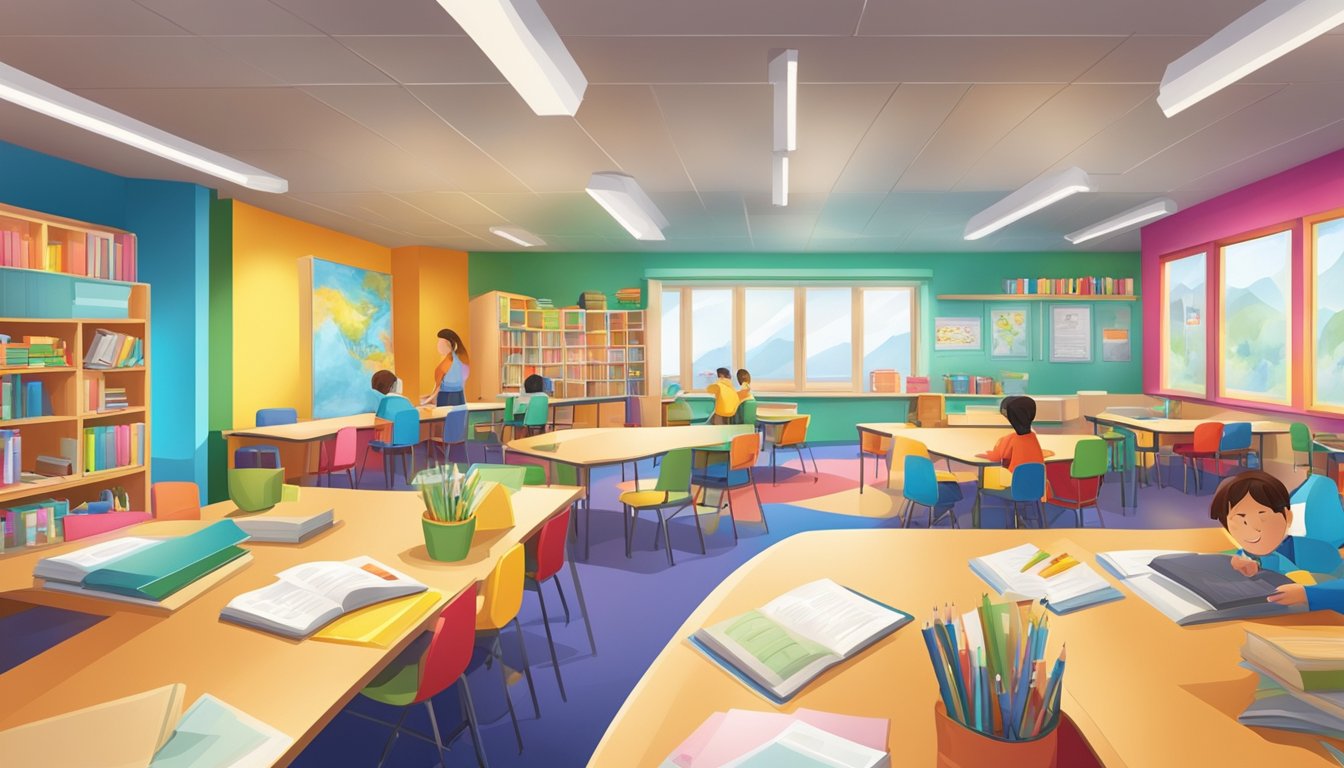 A bustling tuition centre with diverse programmes, vibrant classrooms, and engaged students. Brightly colored walls and educational materials create a stimulating environment