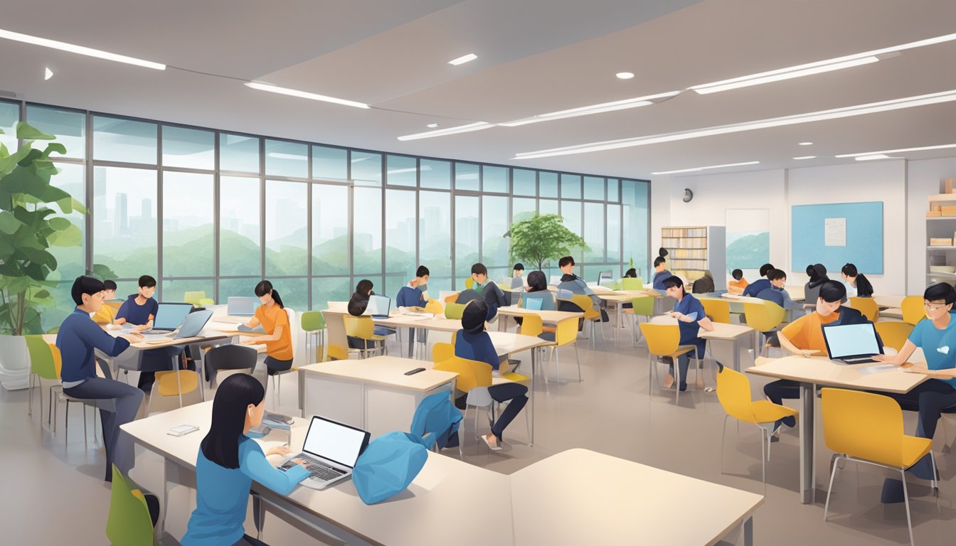 A bright and modern educational center with students studying and interacting with tutors. The Nanyang logo prominently displayed