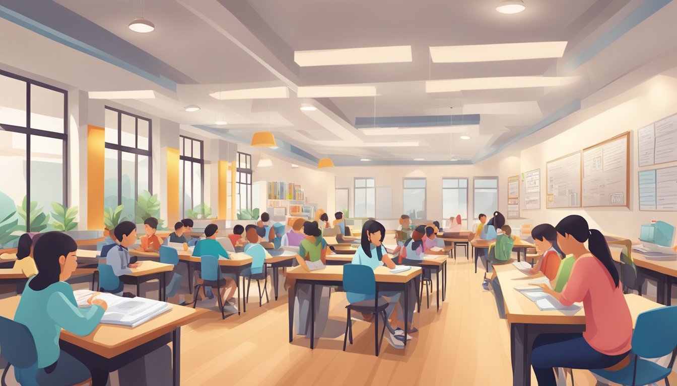 A bustling tuition center with students and parents seeking information, reviews, and guidance. Brightly lit, organized, and welcoming atmosphere