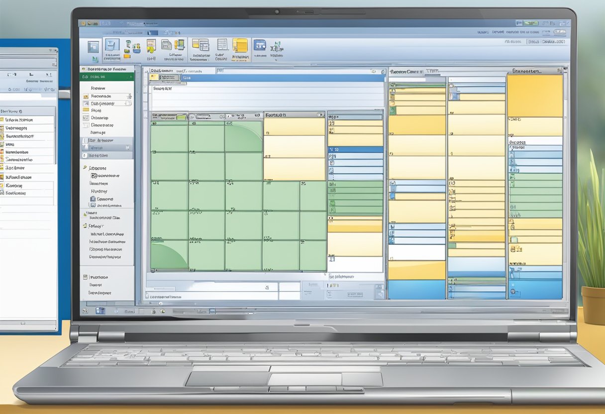 An open laptop displaying the Outlook 2007 interface with the AutoArchive feature highlighted. A calendar and email inbox are visible on the screen