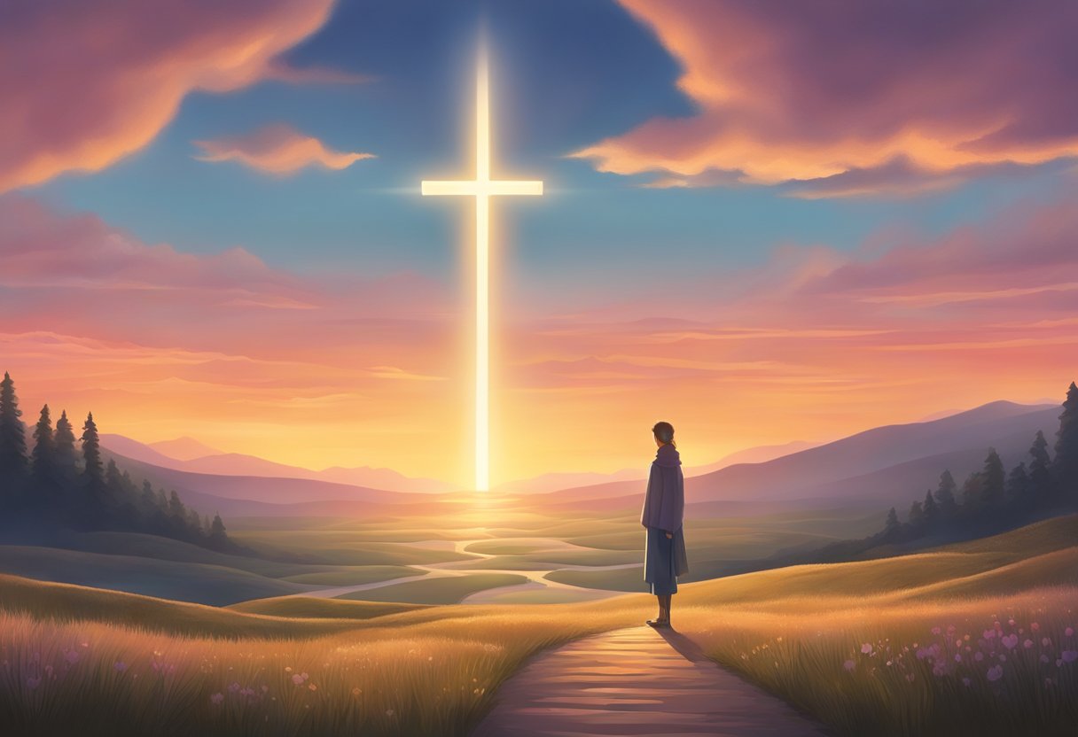 A serene landscape with a glowing sunset, a cross standing tall in the foreground, and a figure in the distance, radiating love and compassion