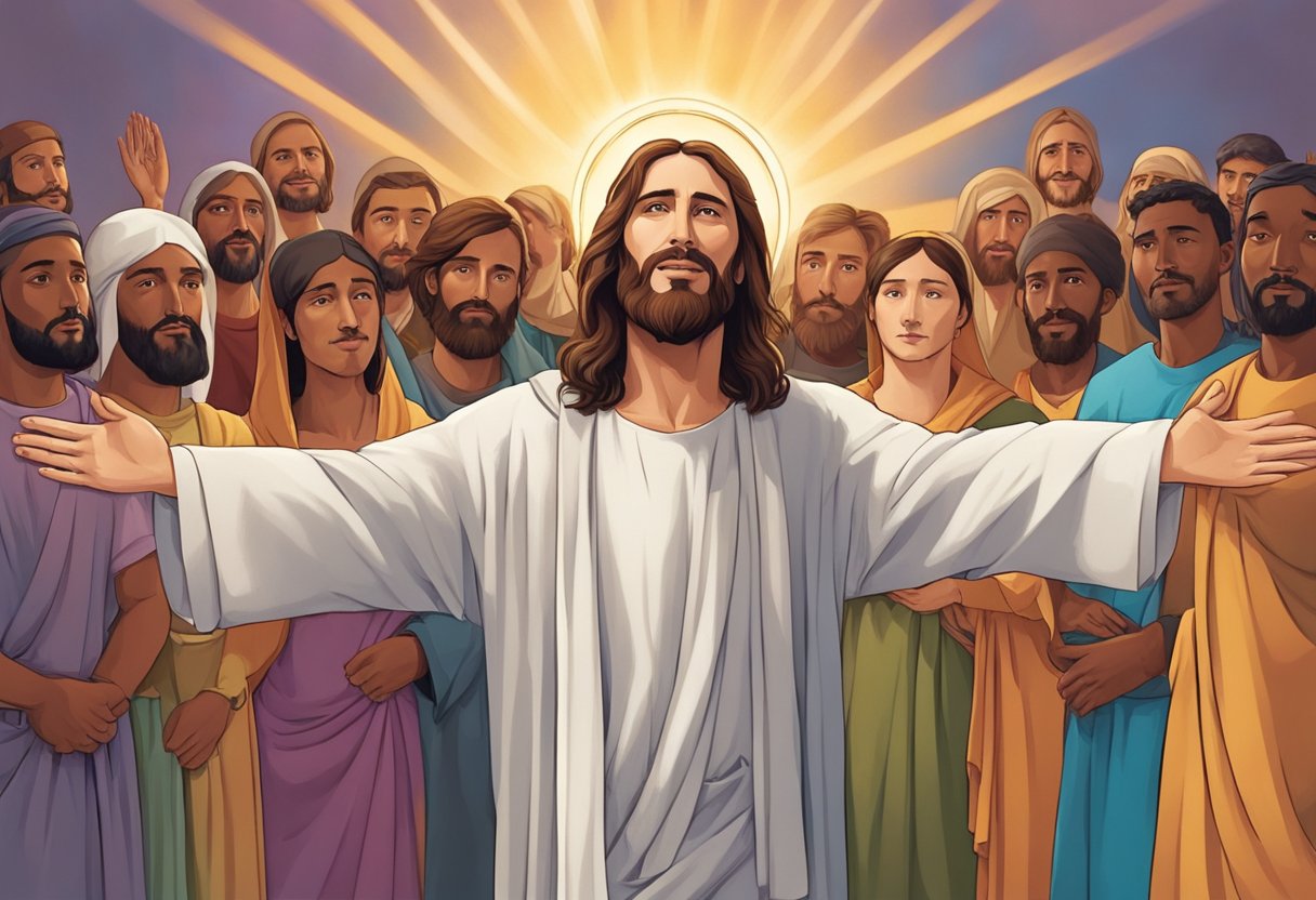 Jesus Christ standing with open arms, surrounded by a diverse group of people with questioning expressions. He exudes warmth and compassion