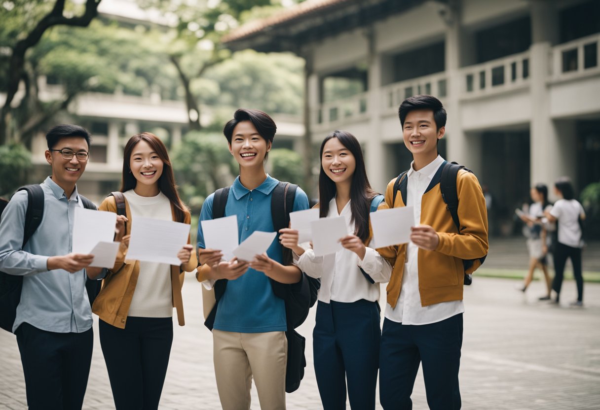 A group of diverse students from around the world gather in a university courtyard in Taiwan, holding scholarship award letters and smiling with excitement