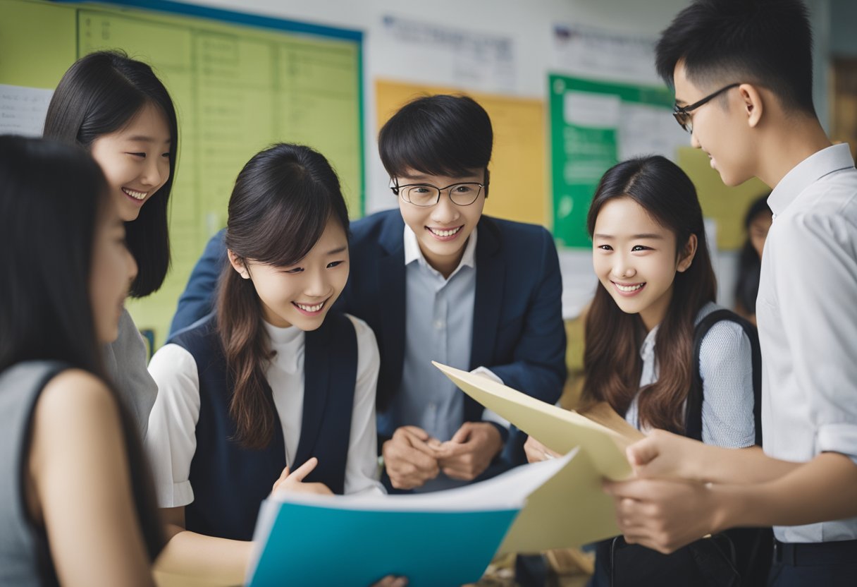 A group of diverse international students eagerly gather around a notice board, reading and discussing the frequently asked questions about scholarships in Taiwan