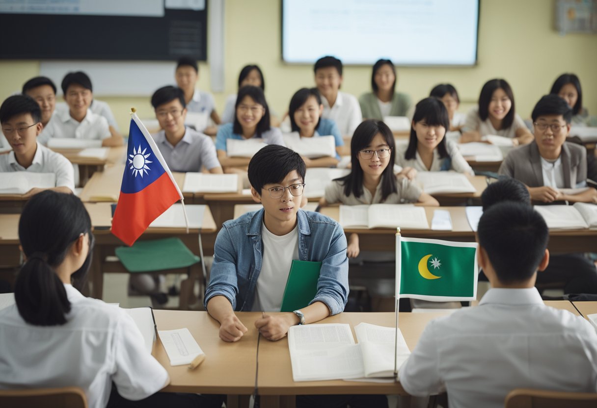 A group of students from different countries receiving government scholarships in Taiwan. The students are gathered in a classroom, listening to a lecturer and engaging in discussions. The Taiwan flag is displayed prominently in the background